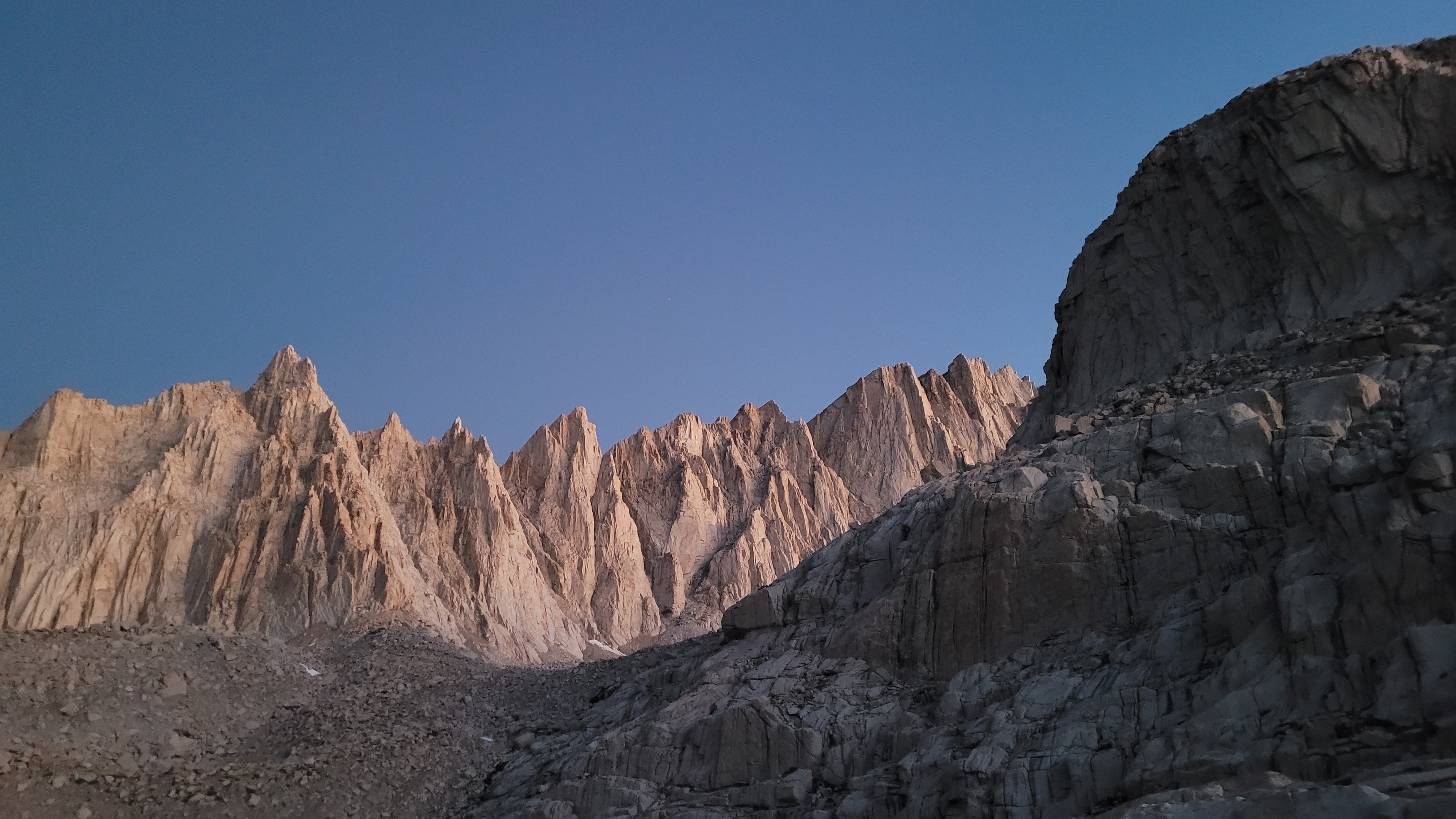Mount Whitney and nearby peaks seen from our campsite the following morning